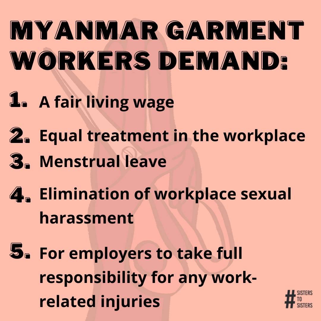 sis2sisMM's tweet photo. What do Myanmar workers want? Here's a list of their demands. 

To read them is to know what kind of abuse they face regularly. 

They deserve far better.

#FightLikeAGarmentWorker
#WhatsHappeninginMyanmar
#WhoMadeMyClothes
#PayHer
#EndWageTheft
#16days
#16daysofactivism https://t.co/pfD1uj6SEt