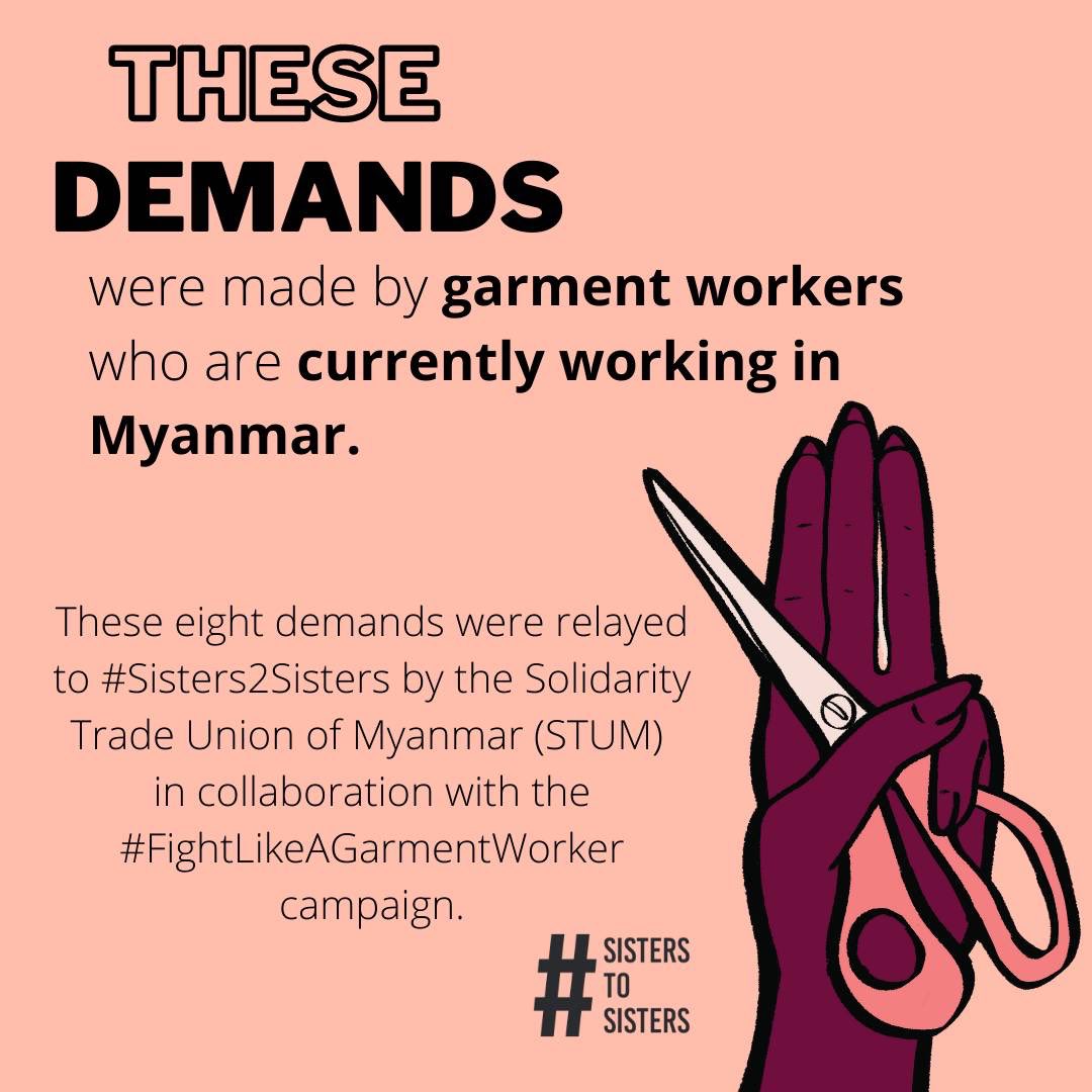 What do Myanmar workers want? Here's a list of their demands. 

To read them is to know what kind of abuse they face regularly. 

They deserve far better.

#FightLikeAGarmentWorker
#WhatsHappeninginMyanmar
#WhoMadeMyClothes
#PayHer
#EndWageTheft
#16days
#16daysofactivism