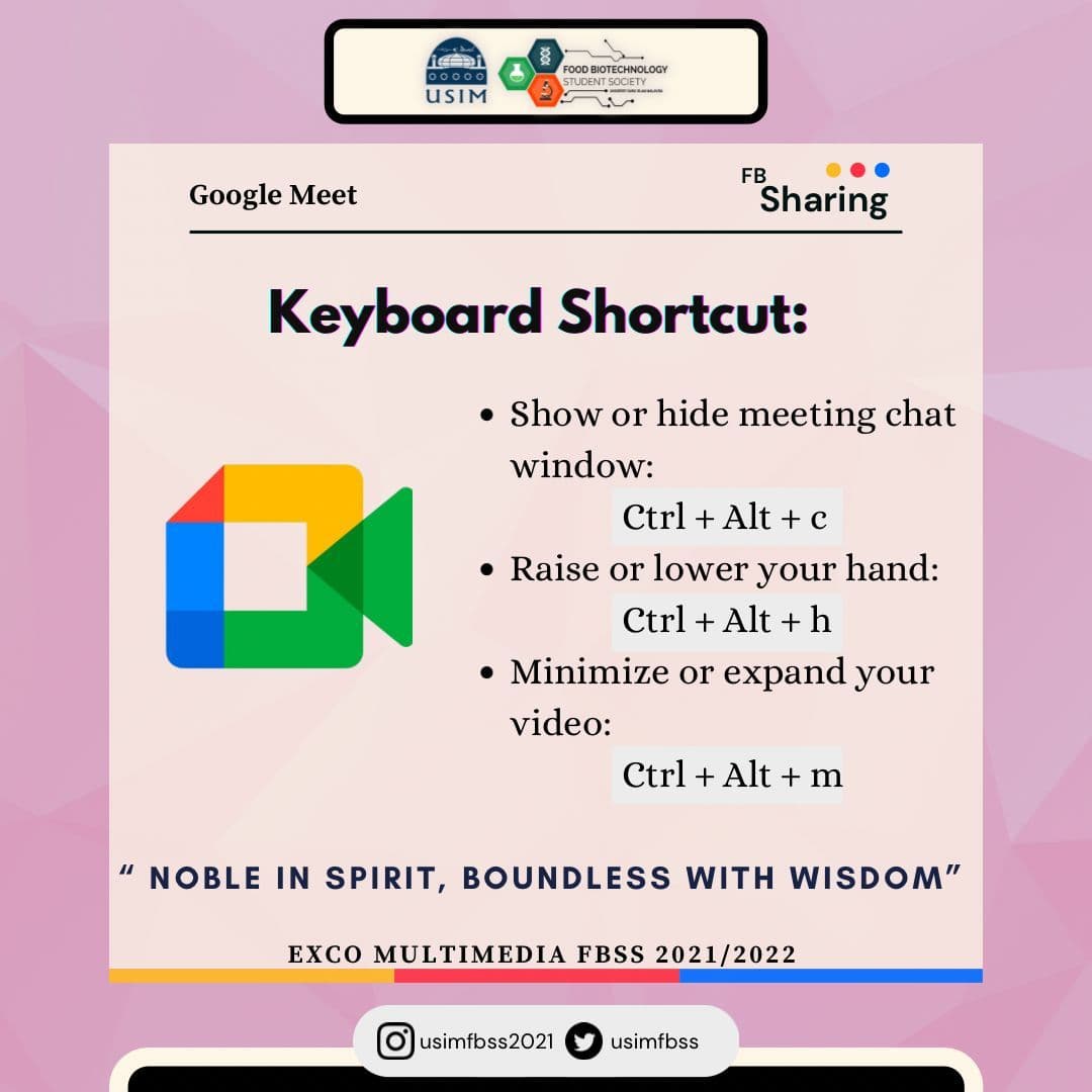 usimfbss's tweet photo. [FB SHARING]

Assalamualaikum and greetings to everyone! 🤗

FBSS is here to assist you with an easy guide poster for  you to gain new knowledge. Let's learn easy shortcuts to ease the uses of Google meet for your online learning! 

⭐️ BEST OF LUCK ⭐️ https://t.co/JWfxLk63cQ