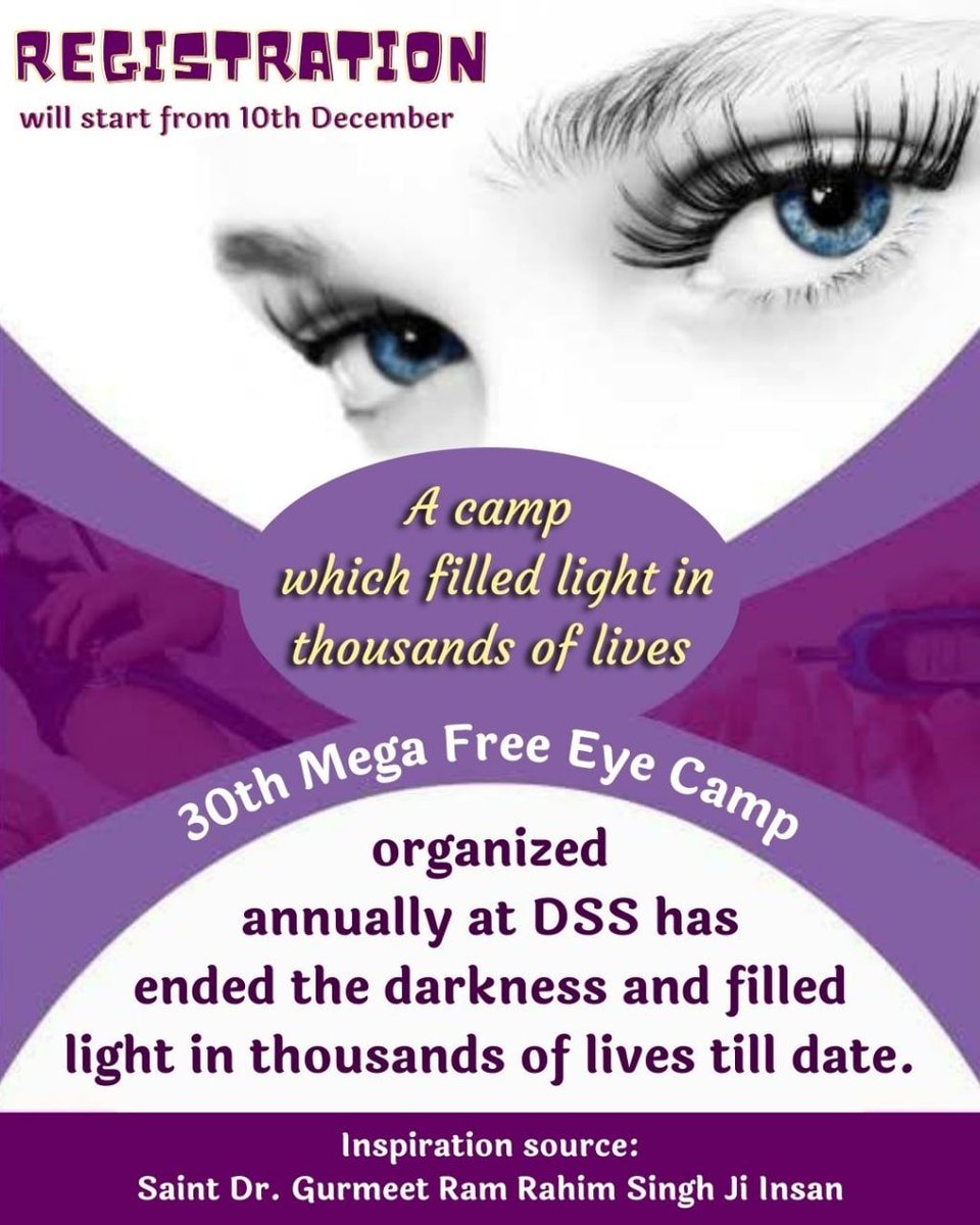 DeepJagraon6's tweet photo. Like every year, this year also, #30thFreeEyeCamp is being organized on 30th death anniversary of Shah Satnam ji at Dera sacha sauda with the holy inspiration of revered Guru Saint Dr @Gurmeetramrahim Singh ji. Here eye checkup, all operations will be done free of cost. https://t.co/zK6BQNPX92