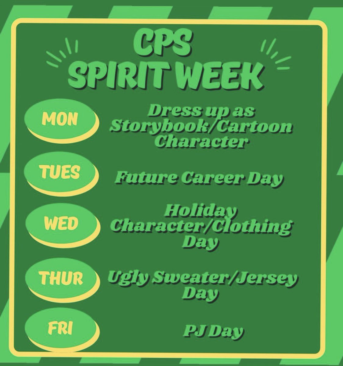 CPCobras's tweet photo. Another Spirit Week coming your way next week! Check it out โฌ๏ธ (Thanks to our #DoGoodCrew for organizing ๐) https://t.co/GUQlXi7Tnk