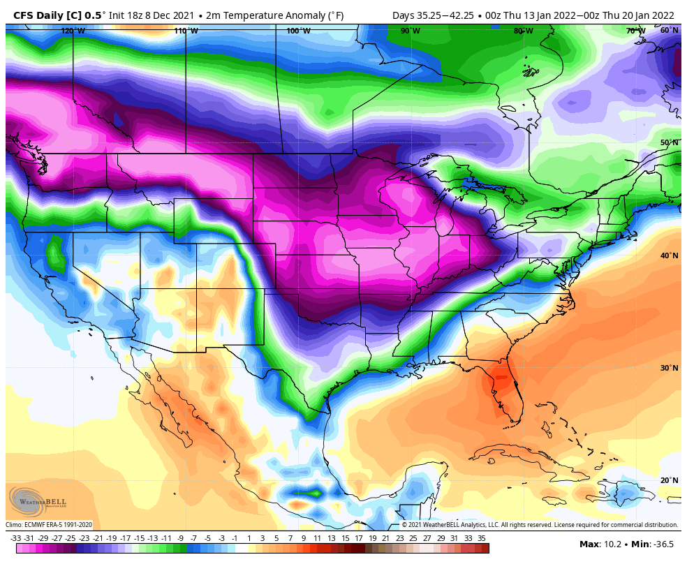 energywx's tweet photo. 18z CFS control member plowing the Arctic into the U.S. Don't get lost in the pretty colors; the previous two control member runs had widespread warmth! Such is the life of a >month-away forecast. #winterwx https://t.co/nWq8c9Ockk