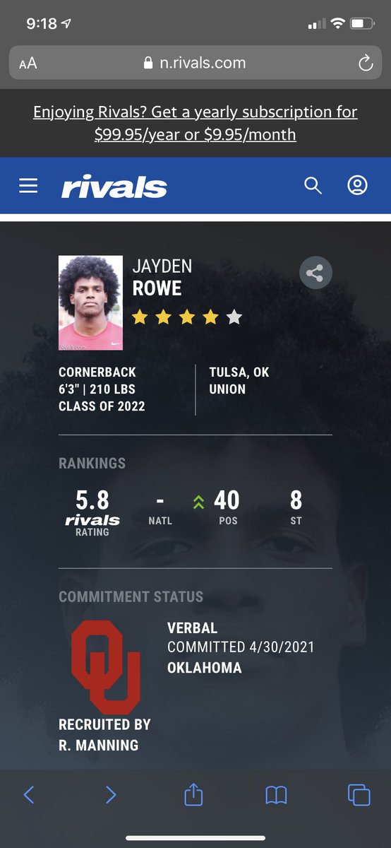 Okie_KJ's tweet photo. Congrats to OU DB commit Jayden Rowe on earning his 4th star on rivals. @TheJaydenRowe https://t.co/dV41nSJxmO
