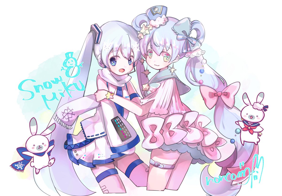 初音ミク ,ラビット・ユキネ ,雪ミク 「雪ミクさん付いてた?と思うじゃん横イラスト見たら付いてるよ❄️️( '-' ❄️」|noncom🐹4/29超ボーマス→5/5コミティアのイラスト
