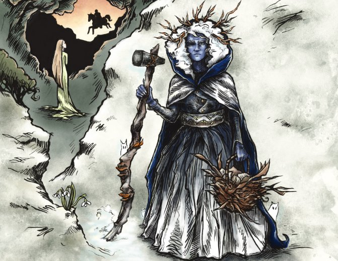 Scottish goddess Beira, Queen of Winter, appears as a blue-skinned hag carrying a magical staff that freezes the ground & a hammer for shaping hills & valleys. At the end of her seasonal reign, & she drinks from the Well of Youth to become young again. #FolkloreThursday