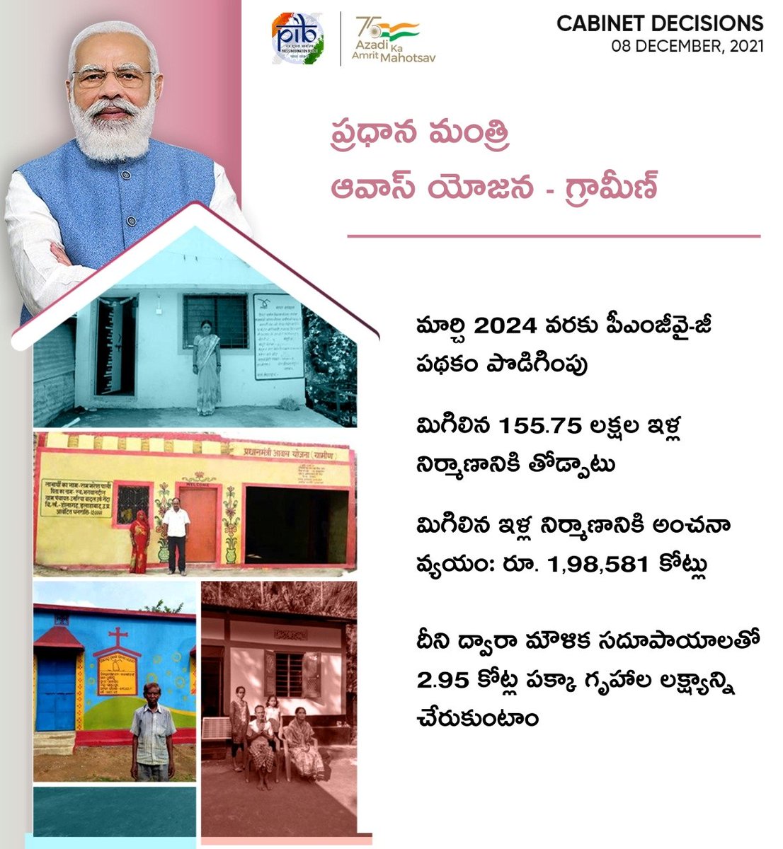 BJPMadhukarAP's tweet photo. ప్రధానమంత్రి ఆవాస్ యోజన- గ్రామీణ పథకాన్ని మార్చి 2024 వరకు పొడిగిస్తూ కేంద్ర కేబినెట్ నిర్ణ��ం తీసుకుంది.గ్రామీణ ప్రాంతాల్లో అందరికి ��ళ్ల నిర్మాణం ఈ పథకం ఉద్దేశం.
#PMAYG https://t.co/d8XNjBrPh7