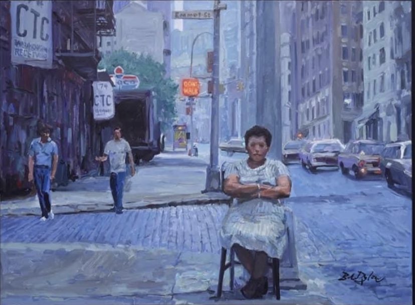 whitecitycinema's tweet photo. A new painting by Bob Dylan titled “Emmett Street,” currently on display at the Frost Museum in Miami, is based on an image from Chantal Akerman’s masterpiece NEWS FROM HOME. How cool is this? https://t.co/lBAs5Z9srS