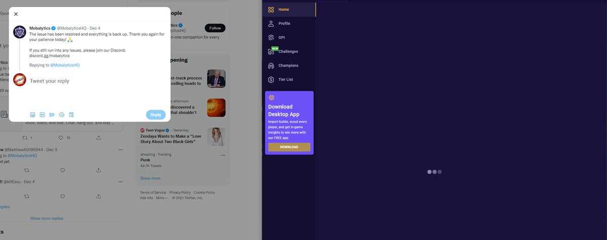 Jda0011's tweet photo. @MobalyticsHQ Desktop app and website still not working. Was there some update on chrome or windows? I feel this was a security update and some other app maybe out of date. https://t.co/Bwa3CdtVfw