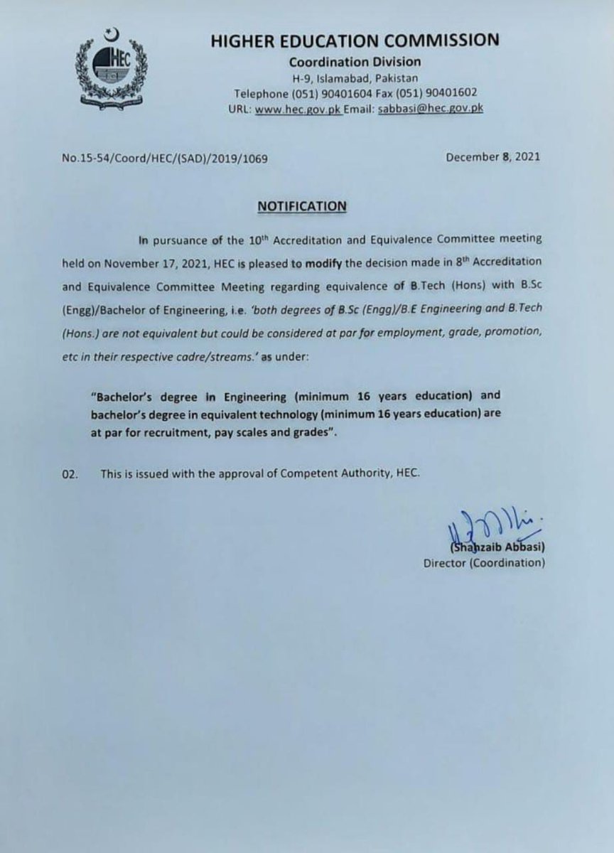 تاخیر سے لیکن <a href="/hecpkofficial/">HEC Pakistan</a> نے  بہرحال اپنی غلطی کی اصلاح کرلی،
اب اس محروم/نظراندازلیکن ملکی ترقی کے لیے انتہائی اہم انجینیرنگ ٹیکنالوجیسٹ طبقے کو باقی حقوق بھی دئیے جائیں۔
چلے چلو کہ وہ منزل ابھی نہیں آئی، 
حقوق کے حصول تک جدوجہد جاری رہے گی 
ان شاء اللہ۔