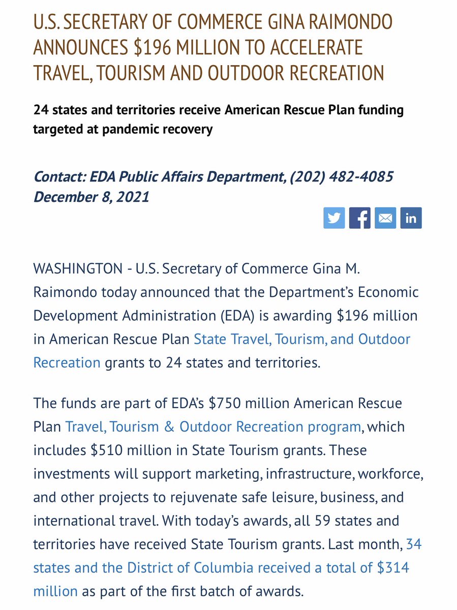 Covid’s been awful for local U.S. tourism sector but one good thing: finally money is available to invest in tourism infrastructure; all of $510mn in tourism grants as part of Biden stimulus is allocated. What’s left of total $750mn: competitive grants, check second image below. https://t.co/z1nZmdQTJ8