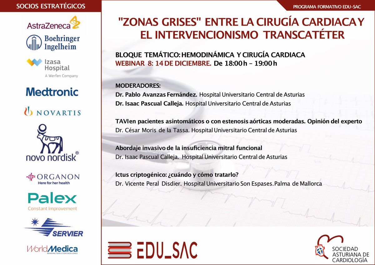 El próximo martes 14 de diciembre continuamos con el programa de formación Edu-SAC
Bloque temático: CIRUGÍA CARDIACA / INTERVENCIONISMO TRANSCATÉTER
Inscripción gratuita: sacardiologia.es/edu-sac/
Solicitada acreditación al SNS
📅  martes 14 de diciembre
🕒 18:00 horas (Madrid)