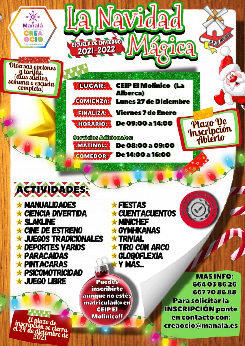 AMPA_Elmolinico's tweet photo. Buenos días!! Estas vacaciones de Navidad tendremos en el cole Escuela de invierno para quien lo necesite. Os dejamos toda la información en la foto!! Os esperamos 😉 https://t.co/gDENyeExIg