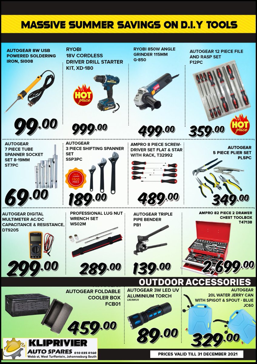 KliprivierAuto's tweet image. 𝙃𝙊𝙏 𝙎𝙐𝙈𝙈𝙀𝙍 𝙎𝘼𝙇𝙀!  
Don&apos;t miss out on these amazing deals!

#SummerSale #TrolleyJack #SpannerSet #ToolKit #ServiceParts #AutoGear #FireExtinguisher #BatteryChargers