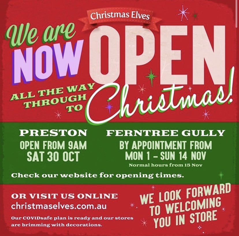 We are now open for in-store shopping at both Preston and Ferntree Gully! 

Come say hi to our friendly Elves!

(We kindly ask you to be Covid safe when attending any of our stores)

#Christmas_Elves_ #Christmas2021 #ChristmasGifts #COVID19 #ChristmasCountdown #melbourne