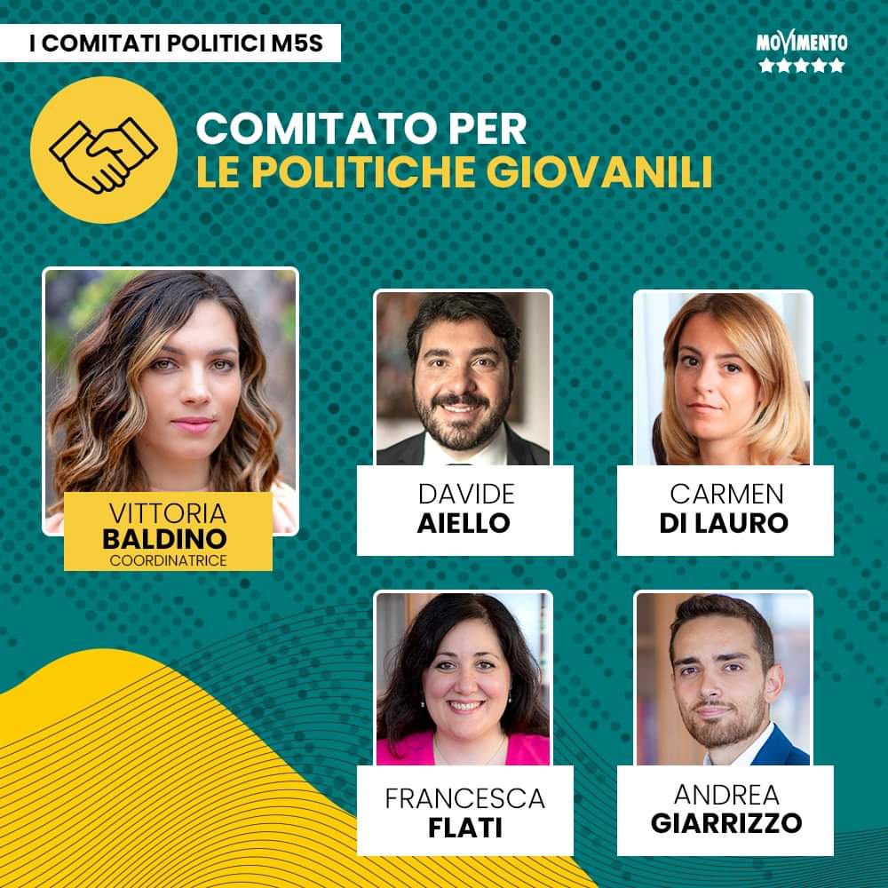 Queste le figure proposte da <a href="/GiuseppeConteIT/">Giuseppe Conte</a> per il Comitato per le politiche giovanili: <a href="/BaldinoVittoria/">Vittoria Baldino</a> (coordinatrice), <a href="/DavideAiello85/">Davide Aiello</a>, <a href="/Carmen_DiLa/">Carmen Di Lauro</a>, <a href="/francesca_flati/">Francesca Flati</a>, <a href="/andreagiarrizz/">Andrea Giarrizzo</a>.

Non perderti questa votazione! #ComitatiPoliticiM5S

Leggi qui 👇
bit.ly/3pD5UZN
