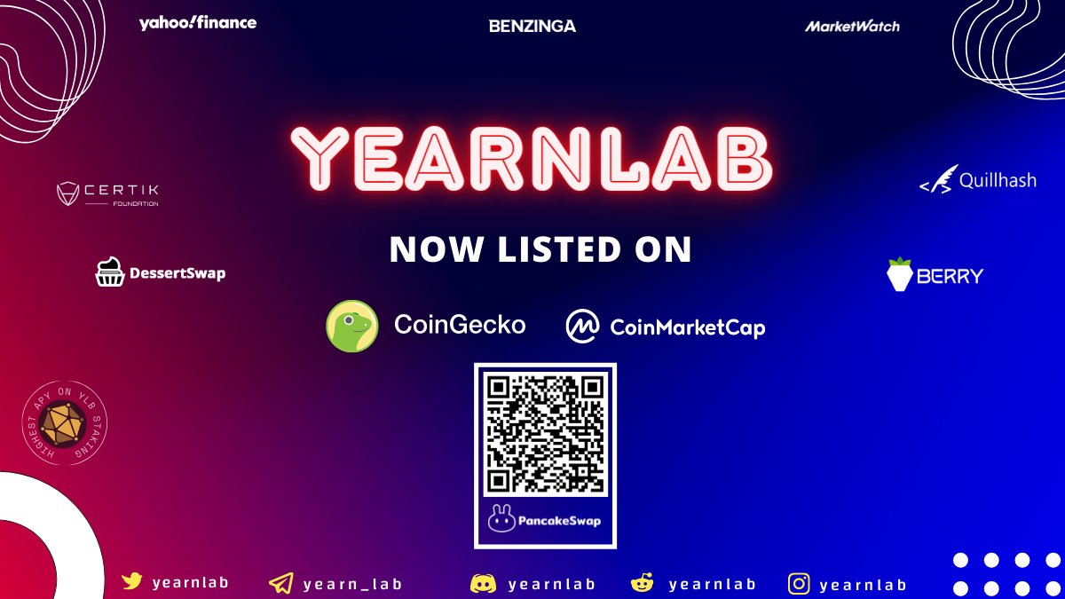 $YLB listed on $CMC &amp; $CG in 12 hours.

You can stake your tokens and get impressive reward:
stake.yearnlab.com

MCap is hardly $5M - We can easily hit $100M 
More interesting News coming, ready

#Yearnlab #YLB #CMC #CoinMarketCap #staking #Reward #yearnfinance #Binance #BNB