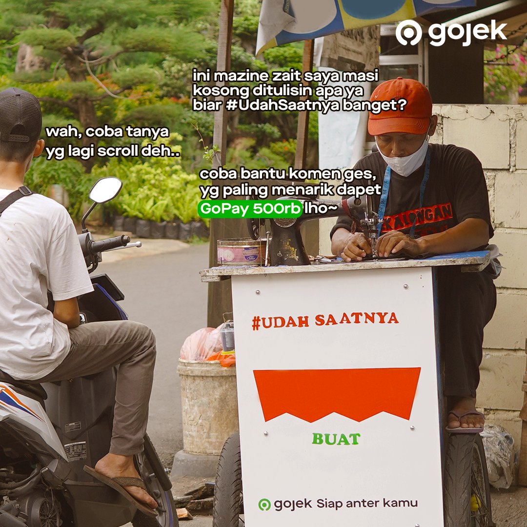 gojekindonesia's tweet photo. [GIVEAWAY]
Buat yang udah liat tweet di bawah, aku mau challenge kamu untuk bikin pesen #UdahSaatnya versi sendiri di kolom reply. 5 jawaban paling menarik bakal dapet GoPay 500 RIBU. Lesgo gaes!

Janlup:
- Tag 2 temen
- Follow @gojekindonesia,
- Love &amp; RT tweet ini https://t.co/WuHn0cv2yk