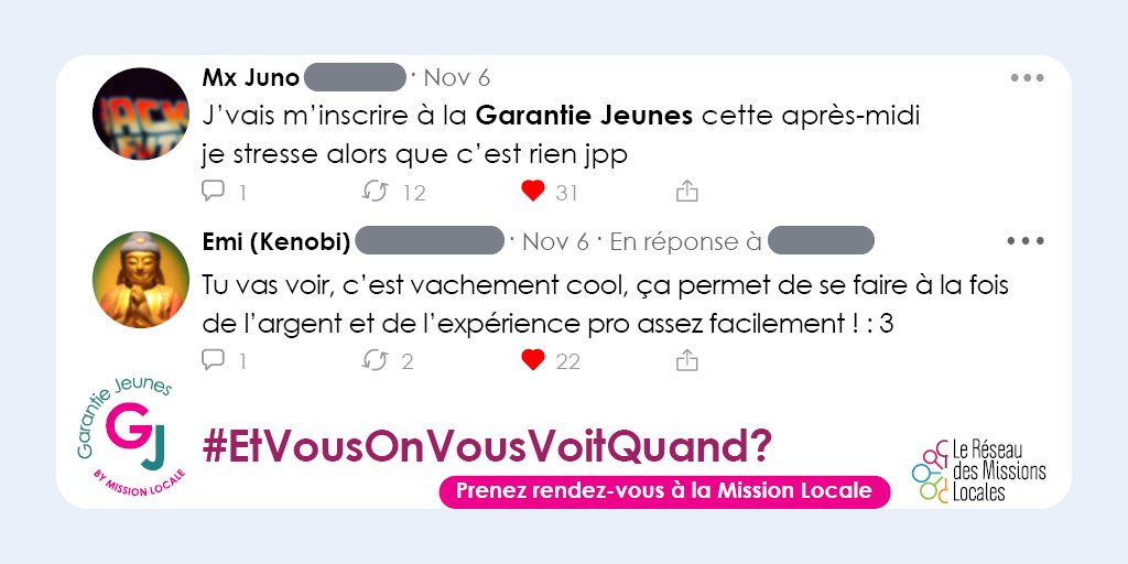 📢 #Garantiejeunes #EtVousOnVousVoitQuand 
La campagne nationale #GarantieJeunes lancée mardi continue ! 
RDV tous les mardis et jeudis sur les réseaux sociaux du réseau des #MissionsLocales 🙂