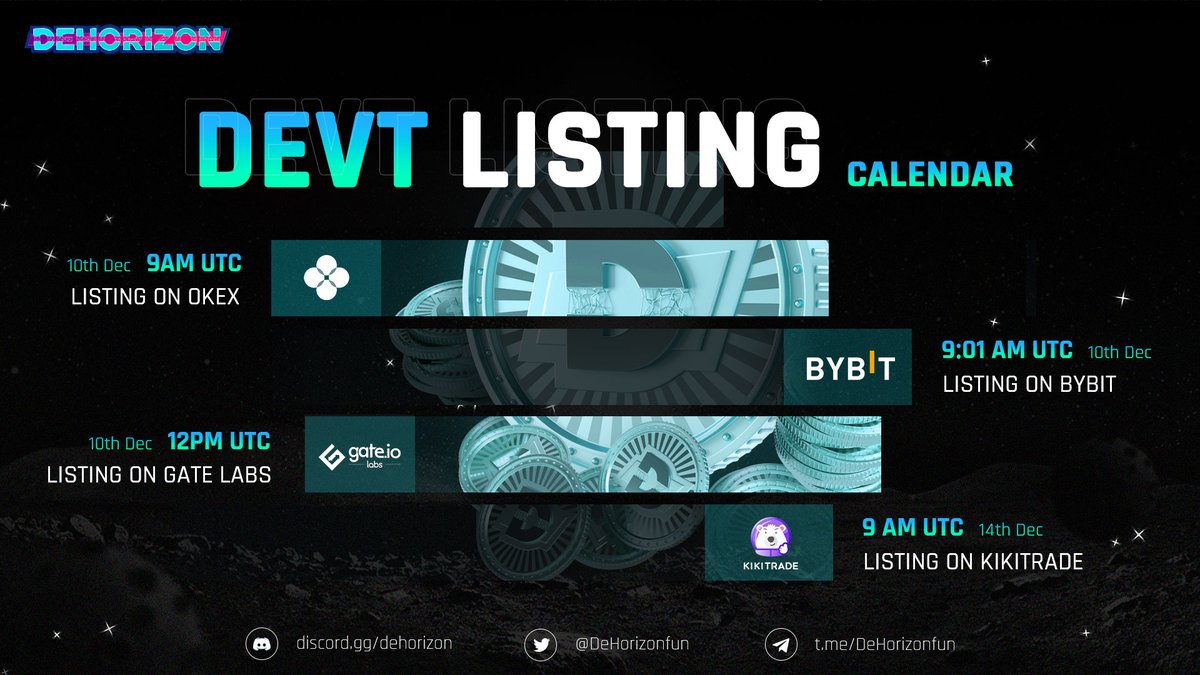 DeHorizonfun's tweet image. Happy to announce #DEVT listing calendar 🎉

⏰ Listing on @OKEx Dec.10th 9am UTC
⏰ Listing on @Bybit_Official Dec.10th 9:01am UTC
⏰ Listing on @gate_io Dec.10th 12pm UTC
⏰ Listing on @KikitradeHQ Dec.14th 9am UTC

#DeHorizon #DEVT #Metaverse #P2E