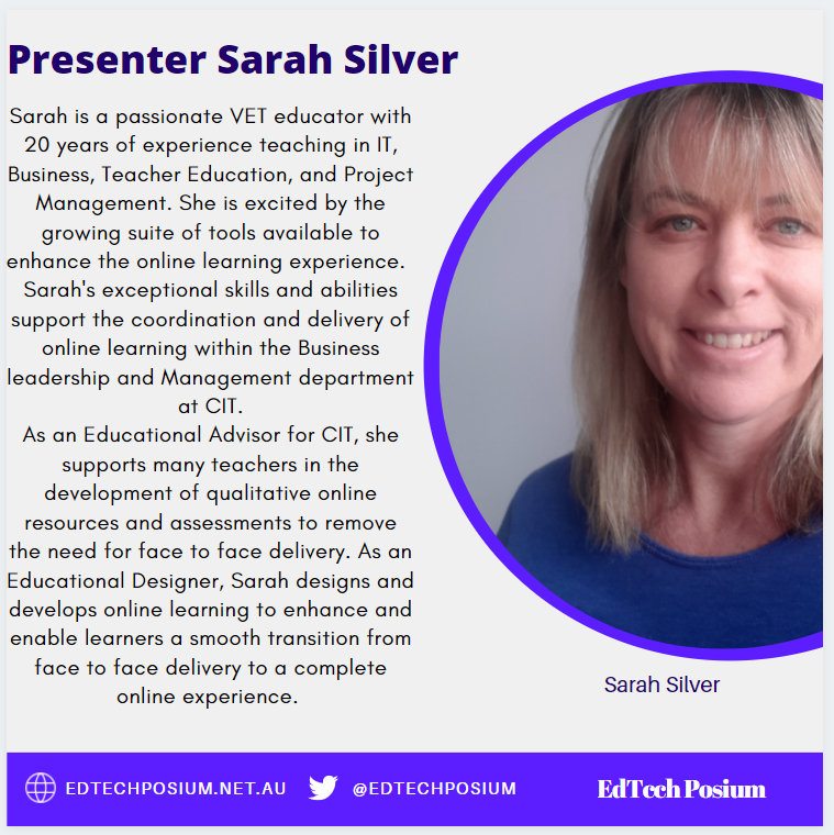 EdTechPosium's tweet photo. We leave the best for last, Sarah will be providing some amazing tips and tricks to maximise engagement in the online environment. With exceptional skills and knowledge and countless years of delivery experience, Sarah has developed many options for online enhancement #etp21 https://t.co/n5YaA6K52I