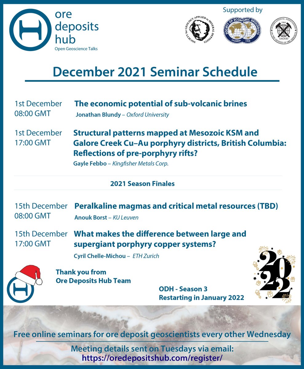 Don't miss our monthly calendar! We can't wait to see you next week at our season finales!

Thanks to our speakers, our subscribers, our volunteers, and our sponsors for making ODH possible!

<a href="/SocietyEconGeol/">Society of Economic Geologists</a> <a href="/SGA_Geo/">SGA</a> #IAGOD