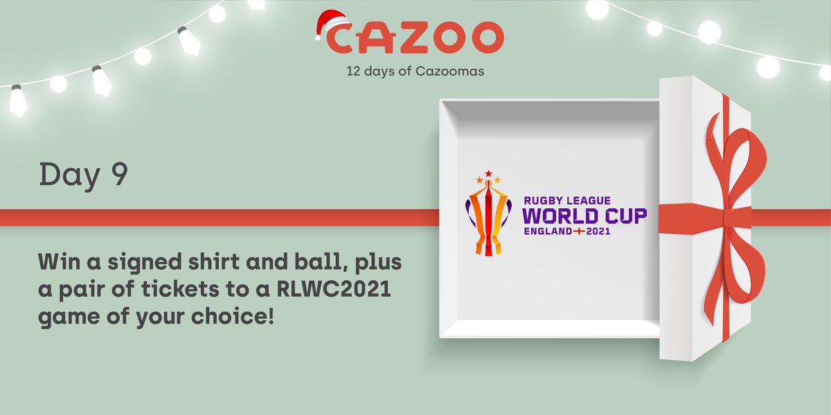 🎊 On the 9th day of #Cazoomas, Cazoo gave to me… 🎊

A signed shirt, a signed ball &amp; a pair of tickets to a @RLWC2021 game of your choice 🏉 

To enter: 
⭐️ RT this post
⭐️ FOLLOW <a href="/CazooUK/">Gara Tam Kỳ Auto - Xe ô tô cũ, xe tải cũ Quảng Nam</a> 

Competition closes at 9am on 10.12.21 - T&amp;Cs apply.