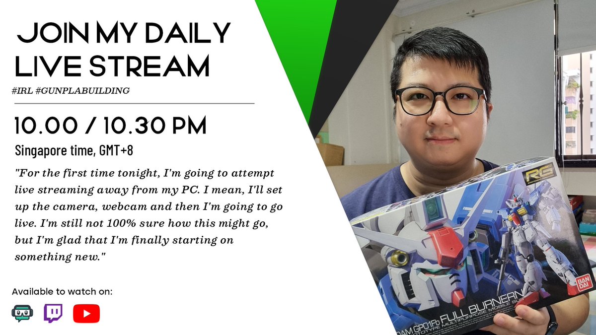 TheN3rdSquad's tweet photo. After a really nice 2-day break/rest, I'm happy to be back with another #dailylivestream sess.
Join me for a chat sess while I start working on a new #gunplamodelkit. https://t.co/26d1FRlJMz