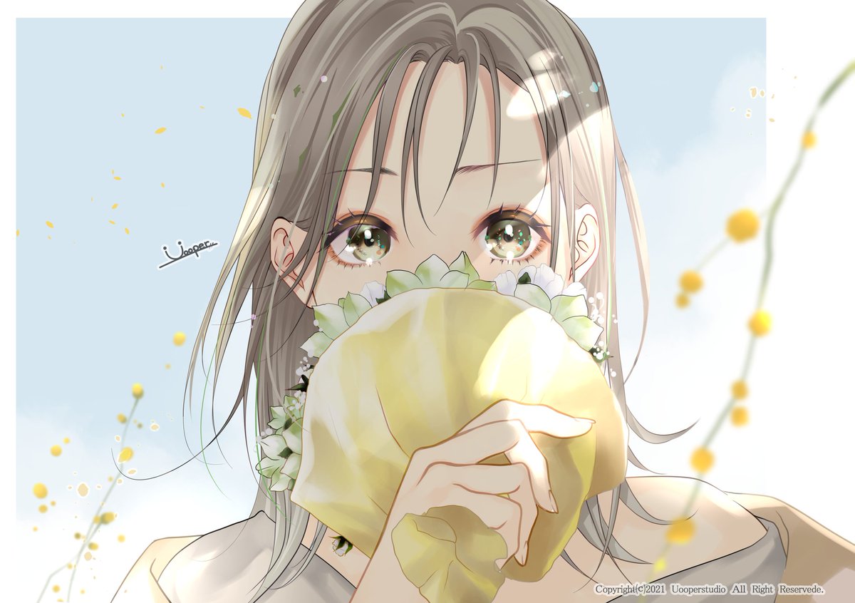 1girl solo flower holding looking at viewer brown hair bouquet  illustration images