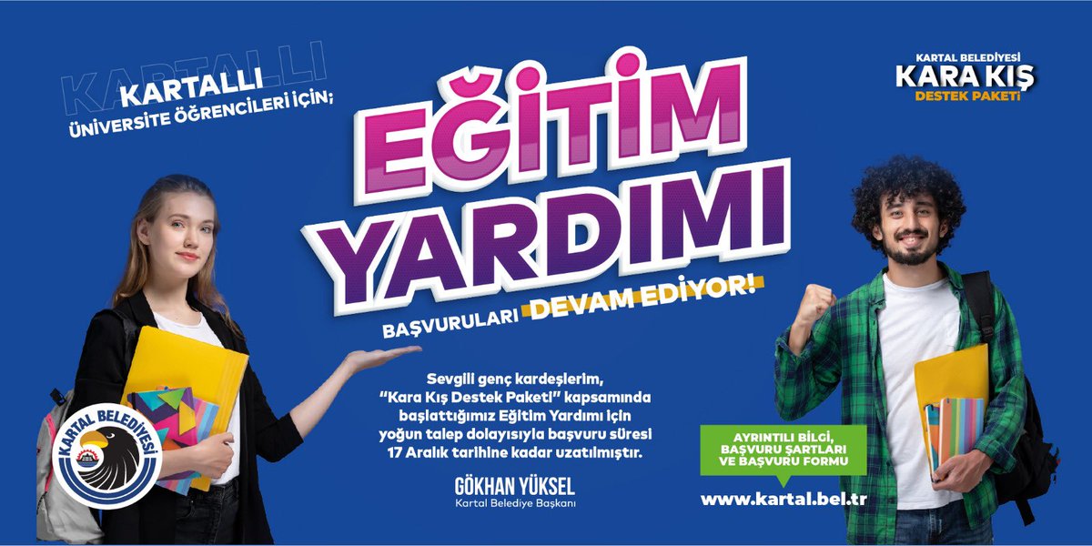 gokhanyukselist's tweet photo. 📢 Sevgili genç kardeşlerim,

“Kara Kış Destek Paketi” kapsamında başlattığımız Eğitim Yardımı için yoğun talep dolayısıyla başvuru süresi 17 Aralık tarihine kadar uzatılmıştır.

Kartal’da ikamet eden üniversite öğrencilerimiz linkten başvuru yapabilir: https://t.co/4jfbAvcNli 💻 https://t.co/jeHBOVRgVm