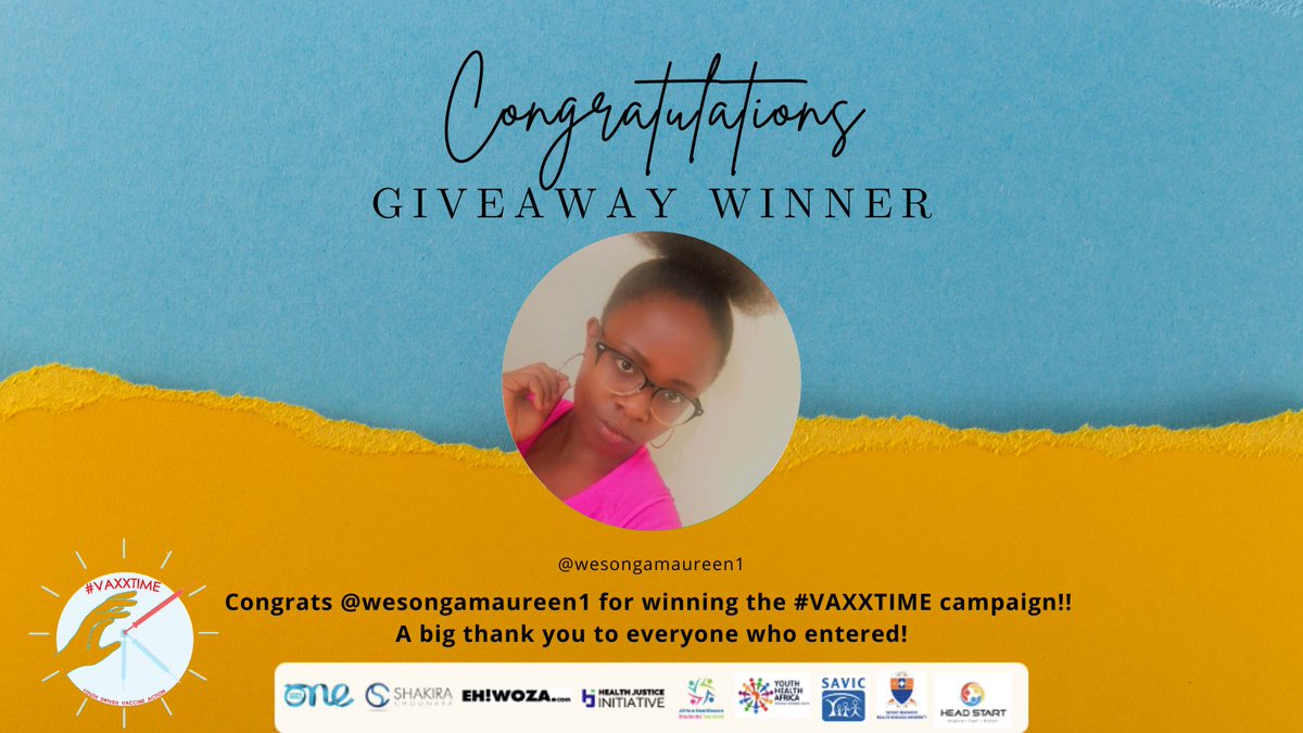 #VaxxTime (@vaxxtime) on Twitter photo Congratulations <a href="/wesongamaureen1/">Maureen Wesonga</a> , the winner of the $100 #VAXXTIME campaign competition giveaway!
We want to send a big thank you to everyone who participated and making #youthvoices heard!
<a href="/vaxxtime/">#VaxxTime</a> <a href="/OneYoungWorld/">One Young World</a> <a href="/YHA_Africa/">Youth Health Africa</a> <a href="/HealthJusticeIn/">Health Justice Initiative - HJI</a> <a href="/savic_info/">SAVIC</a> <a href="/SMU_PHPM/">PublicHealthPharmacy</a> <a href="/afrihess/">AHESS-Africa Healthcare Students Summit</a> Congratulations <a href="/wesongamaureen1/">Maureen Wesonga</a> , the winner of the $100 #VAXXTIME campaign competition giveaway!
We want to send a big thank you to everyone who participated and making #youthvoices heard!
<a href="/vaxxtime/">#VaxxTime</a> <a href="/OneYoungWorld/">One Young World</a> <a href="/YHA_Africa/">Youth Health Africa</a> <a href="/HealthJusticeIn/">Health Justice Initiative - HJI</a> <a href="/savic_info/">SAVIC</a> <a href="/SMU_PHPM/">PublicHealthPharmacy</a> <a href="/afrihess/">AHESS-Africa Healthcare Students Summit</a>