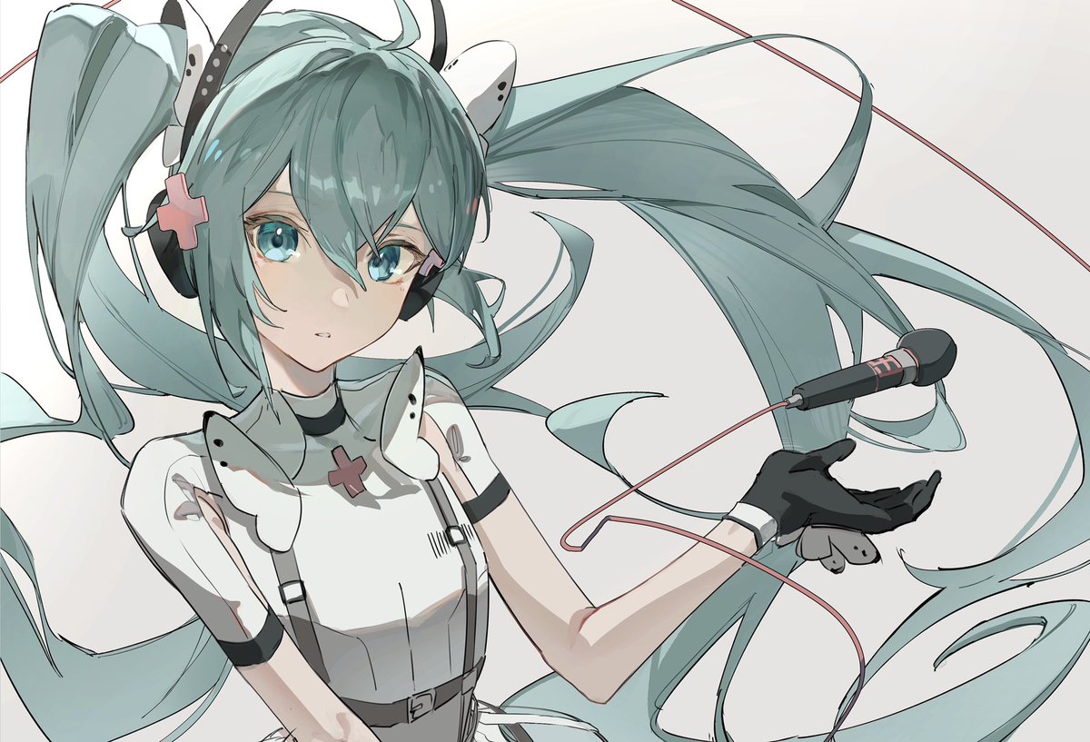 hatsune miku 1girl solo gloves twintails long hair black gloves microphone  illustration images