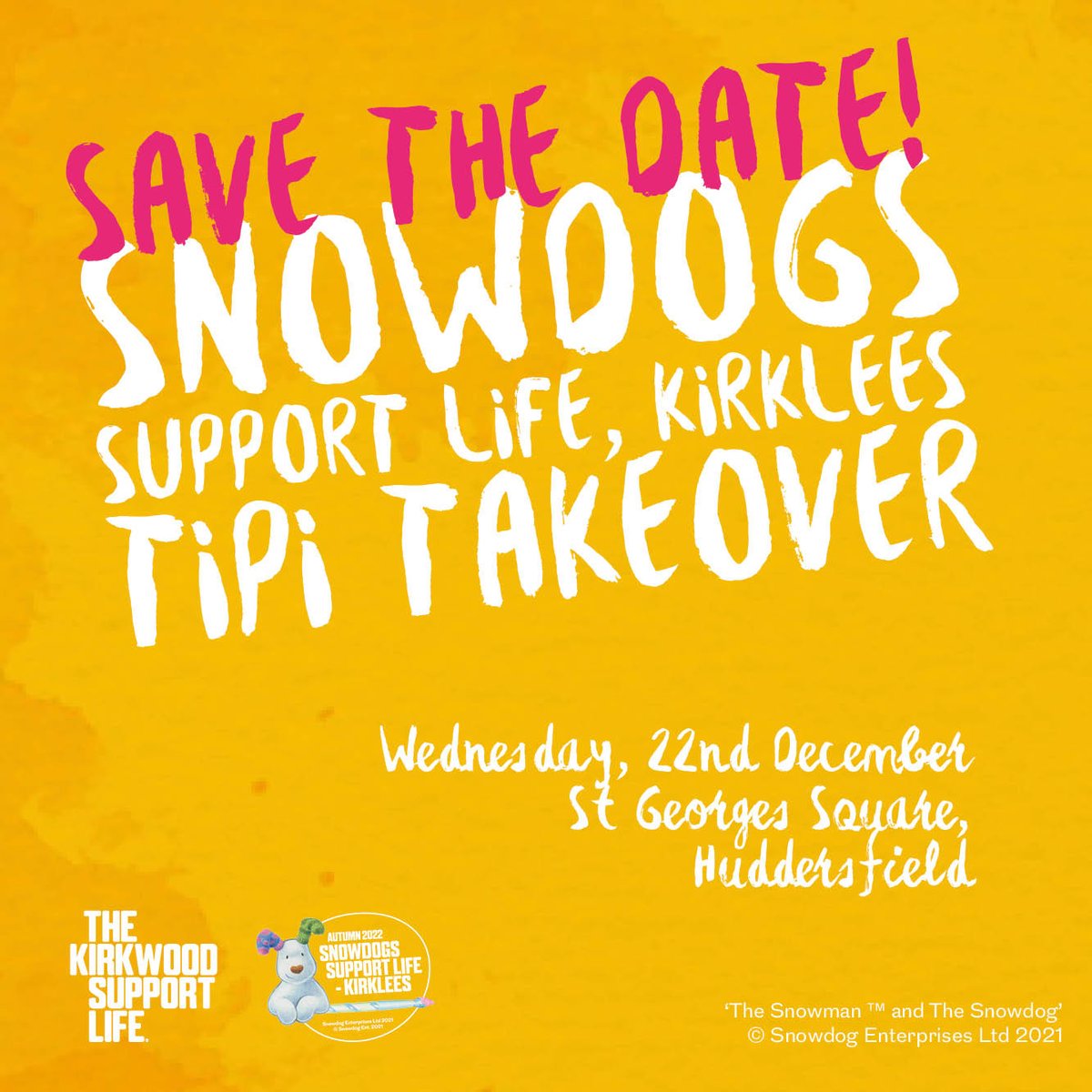 The countdown has officially begun towards Christmas! Don't forget to make the snowdogs support life tipi takeover part of your festive social calendar this December!

Come visit us from 2pm for this family friendly, free event!

#kirklees #snowdog #thekirkwoodsupportlife