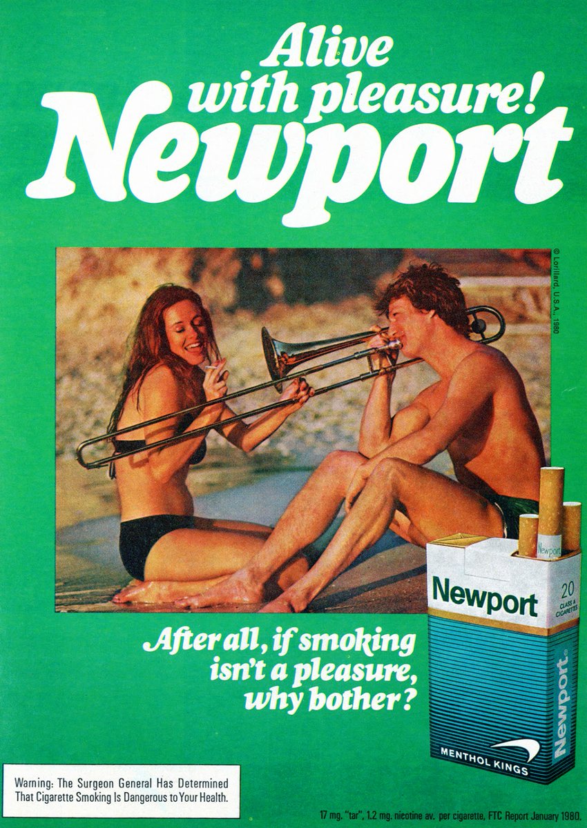 Ladies, get you a man that will play the trombone for you on the beach while you smoke. 😍

#80sAdvertising #Newports #AliveWithPleasure