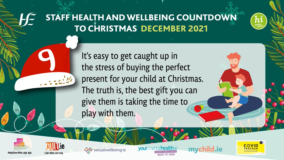 HSECHODNCC's tweet photo. Today is day 9 of the staff @HsehealthW  countdown to Christmas. The best gift you can give your child is your time. Time spent at play with your child is time well spent.  Find out more at https://t.co/3zSprLUJcp #HSEMyChild #StaffHealthCountdown https://t.co/7ELhezuJwK