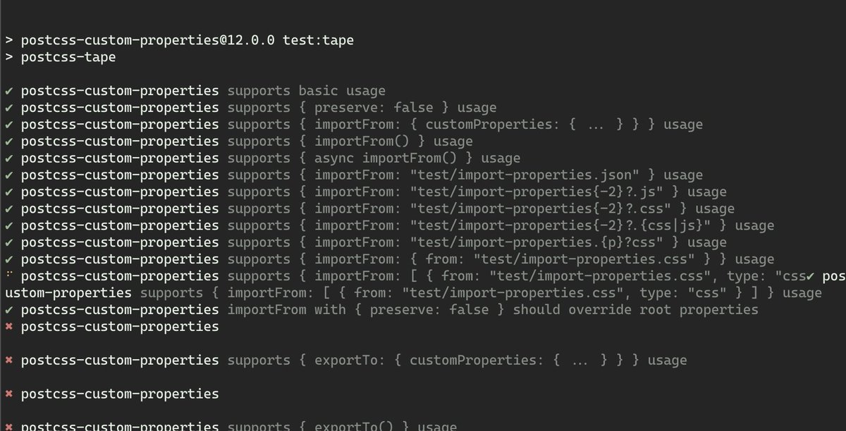 ant_laguna's tweet image. Fixing this issue github.com/csstools/postc… is taking me longer than I anticipated. 
Refactoring postcss-custom-properties to use a new parser is a tough one. Getting there though! Only exportTo remains. Glad there are so many tests around this to ensure I don't break!
#PostCSS