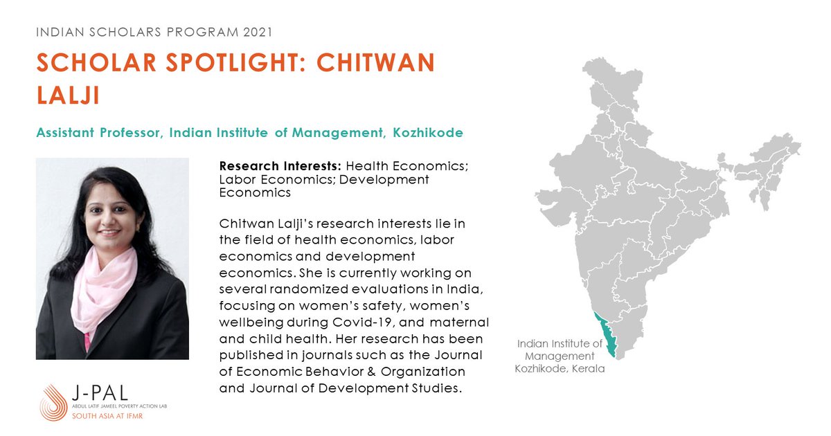 JPAL_SA's tweet photo. @LEADatKrea .@ChitwanLalji is an Assistant Professor at @IIMKozhikode. Her research as part of our #IndianScholarsProgram 2021 will focus on whether improving mothers' wellbeing and knowledge on nutrition improves childcare quality and eventually child health.

#ISP https://t.co/wxGzSUhOwu