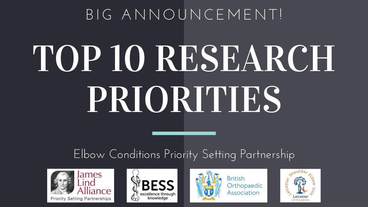Elbow Priority Setting Partnership (@elbowpsp) on Twitter photo Big Announcement Ahead!
The Elbow Conditions PSP has established the top ten research priorities!
The Top 10 will be released one by one over the next few days. 
Keep your eyes on it! Big Announcement Ahead!
The Elbow Conditions PSP has established the top ten research priorities!
The Top 10 will be released one by one over the next few days. 
Keep your eyes on it!