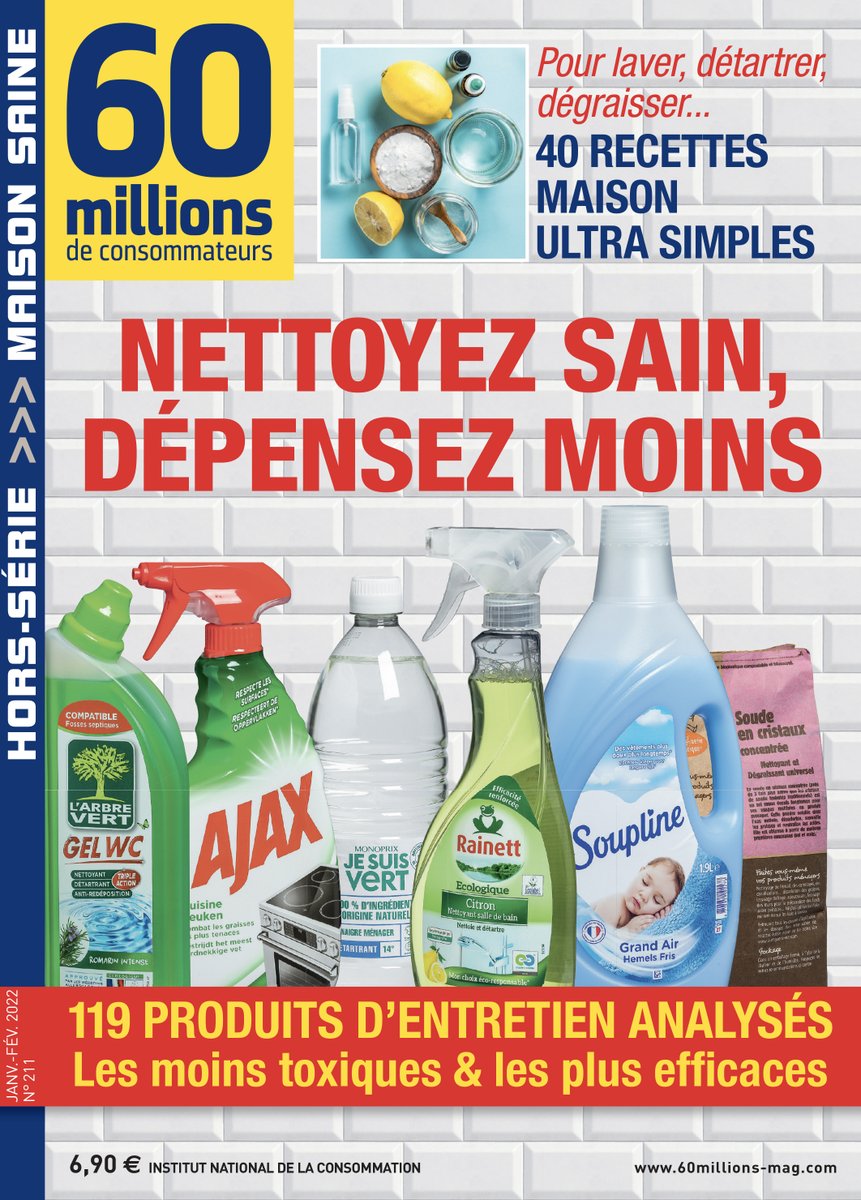 60millions's tweet photo. 📢 Nouveau numéro
Nettoyez sain, dépensez moins !
 
119 produits ménagers passés à la loupe du #MenagScore. Quels sont les moins #toxiques et les plus efficaces ? 
Faire ses produits soi-même, est-ce vraiment plus économique ?
 
👉 https://t.co/O8qTQXda14
#sante #environnement https://t.co/afjummpTyA