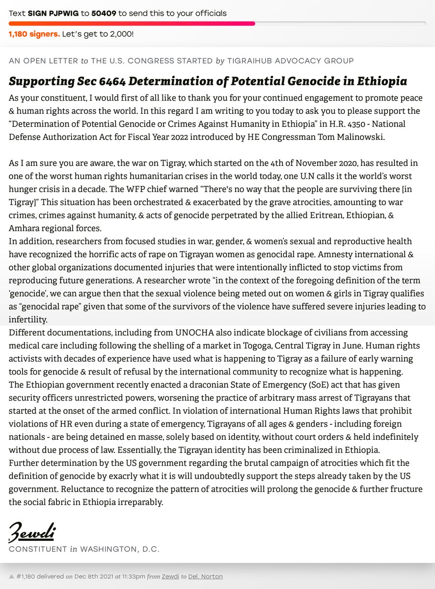 openletterbot's tweet photo. 🖋 Sign “Supporting Sec 6464 Determination of Potential Genocide in Ethiopia” and I’ll deliver a copy to your officials: https://t.co/U6TQnpVsH9

📨 No. 1,180 is from Zewdi to @EleanorNorton #DCAL #dcision20 #TigrayGenocide #HR4350 https://t.co/Tdp2N6dhGj