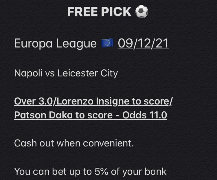Smart_Tipster1's tweet photo. Don’t miss the closing round of the @EuropaLeague group stage and make a profit!!

#EuropaLeague #groupstage #Napoli #Azzurri #LorenzoInsigne #StadioDiegoArmandoMaradona #LeicesterCity #TheFoxes #PatsonDaka #freepicks #freebets #freetipster #tipsterforlife #smarttipster https://t.co/0rJDAlg3IE