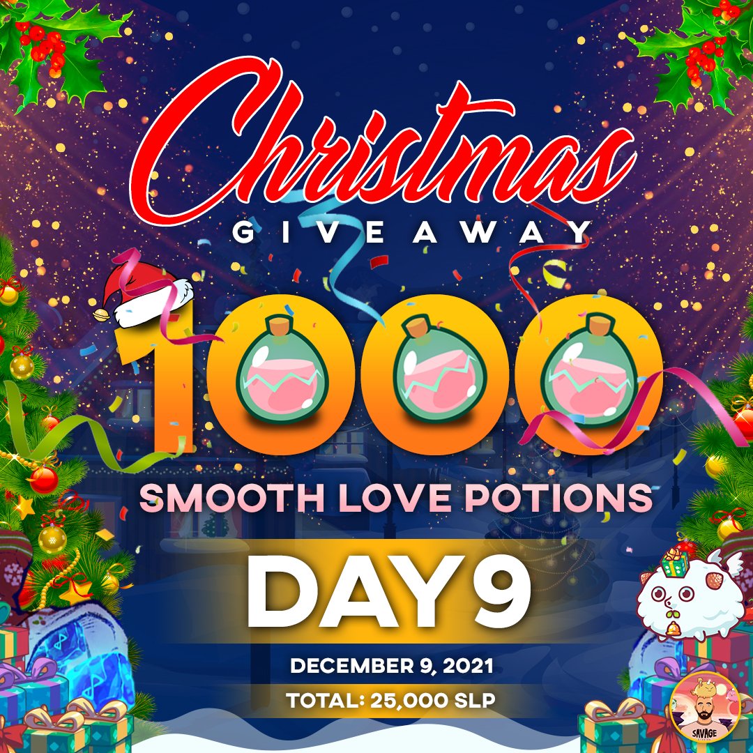SavageStudios6's tweet image. Celebrating my first Axie Christmas  
Day 9 of 25 days of giveaway 
You have a chance to win 1000 $SLP 
How to win:
1⃣Subscribe to my youtube! youtube.com/channel/UCc91E…
2⃣Like &amp;amp; Retweet 
3⃣Mention friends so they can win too!!
Winners will receive a dm for some verifications.