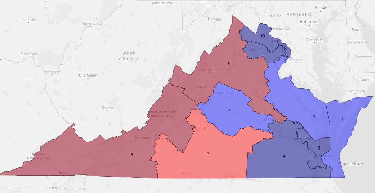 Redistrict's tweet photo. Reminder: had VA Dems retained the power to redraw lines, we'd probably looking at an 8D-3R gerrymander (e.g. below) that would've shored up Spanberger/Luria/Wexton *and* created a new safe seat for a Prince William Co. Dem.

Instead, Rs have a good shot at 5 (maybe 6?) seats. https://t.co/kiZq1HWL38