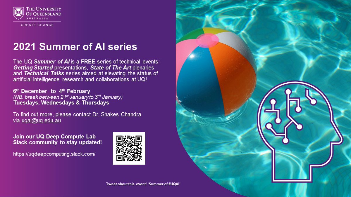 UQ School of EECS (@uqschooleecs) on Twitter photo Folks, the 2021 "Summer of #UQAI" series kicked off this week 😎 This is a FREE series of technical events, aimed at elevating the status of #artificialintelligence research & collaboration here at #UQ Details below 👇Help us spread the word! <a href="/RCCUQ/">UQ Research Computing Centre</a> <a href="/UQHealth/">UQ Health</a> <a href="/UQ_CAI/">UQ Centre for Advanced Imaging</a> <a href="/UQ_EAIT/">UQ Engineering and Technology</a> Folks, the 2021 "Summer of #UQAI" series kicked off this week 😎 This is a FREE series of technical events, aimed at elevating the status of #artificialintelligence research & collaboration here at #UQ Details below 👇Help us spread the word! <a href="/RCCUQ/">UQ Research Computing Centre</a> <a href="/UQHealth/">UQ Health</a> <a href="/UQ_CAI/">UQ Centre for Advanced Imaging</a> <a href="/UQ_EAIT/">UQ Engineering and Technology</a>