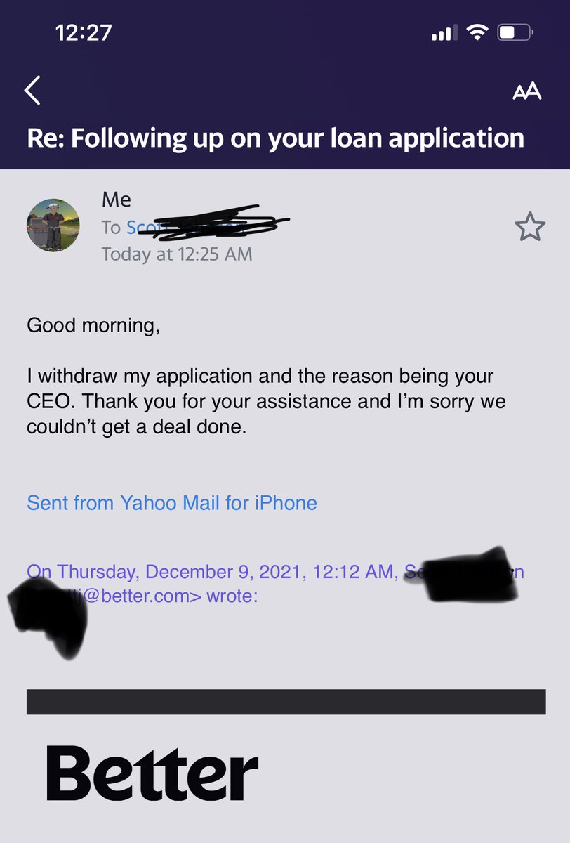 Ay <a href="/betterdotcom/">BetterThetaMane</a> I want you to see I cancelled my mortgage paperwork with you. Get a better CEO