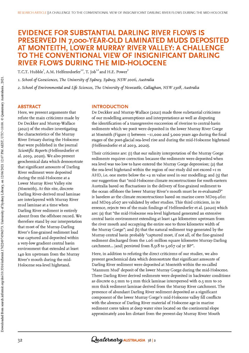 DrHannahPower's tweet photo. Our latest work on the #Murray #Darling River is now out in @AusQuaternary!
In it, we suggest the Darling River had substantial flows in the mid-Holocene, challenging previous ideas. [🧵1/2]
@UoN_CaMS @Uni_Newcastle @sydneyunigeo @UON_research 
https://t.co/eFQMM5le4B https://t.co/bpMc41tUqX