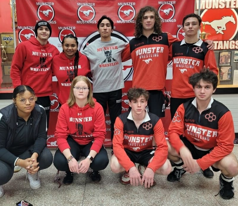 Munster_Sports's tweet photo. Congrats to our Wrestling Team on the "W" tonight vs Highland. Shout out to our 9 Seniors who celebrated Senior Night! Proud of you all &amp; look forward to hearing of the great things you will accomplish! Let's go Laila, Sam, Jacob, Anthony, Morgan, Evneki, Markus,Elijah &amp; Gabriel! https://t.co/ySCHNctP2t