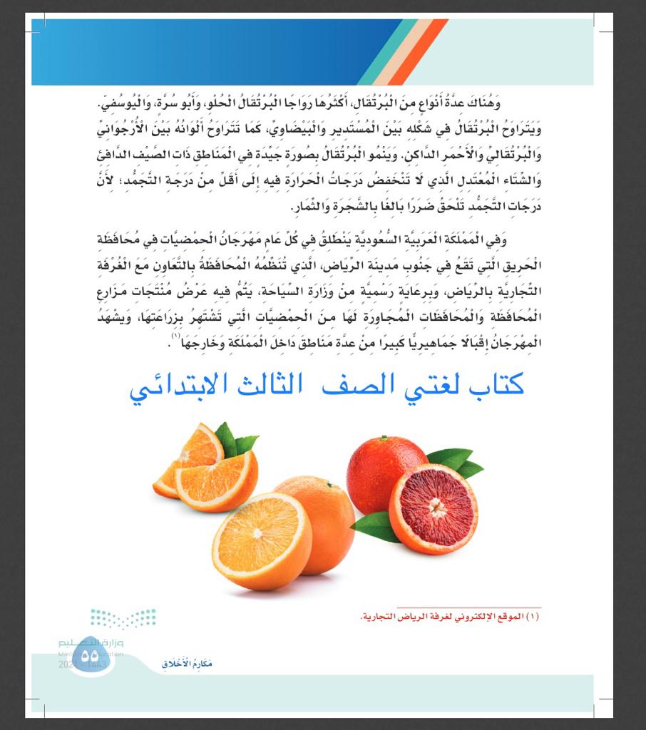 مهرجان الحمضيات في محافظة الحريق يدخل في مناهج وزارة التعليم،إذ اختارته الوزارة أن يكون أحد الدروس في منهج كتاب لغتي الجديد لطلاب المرحلة الابتدائية- صف ثالث ابتدائي..

صورة من الموضوع الذي يتحدث عن مهرجان الحمضيات؛