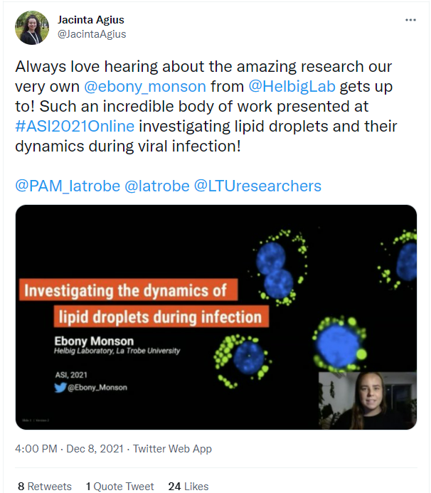 ASImmunology's tweet photo. Congratulations to @JacintaAgius who has won the Best Tweet of the Conference👏 You may have seen Jacinta's tweet it was it was featured by Twitter on our trending conference hashtag! #ASI2021Online #IAmAnImmunologist #ASImmuno https://t.co/I4vZwQej7G