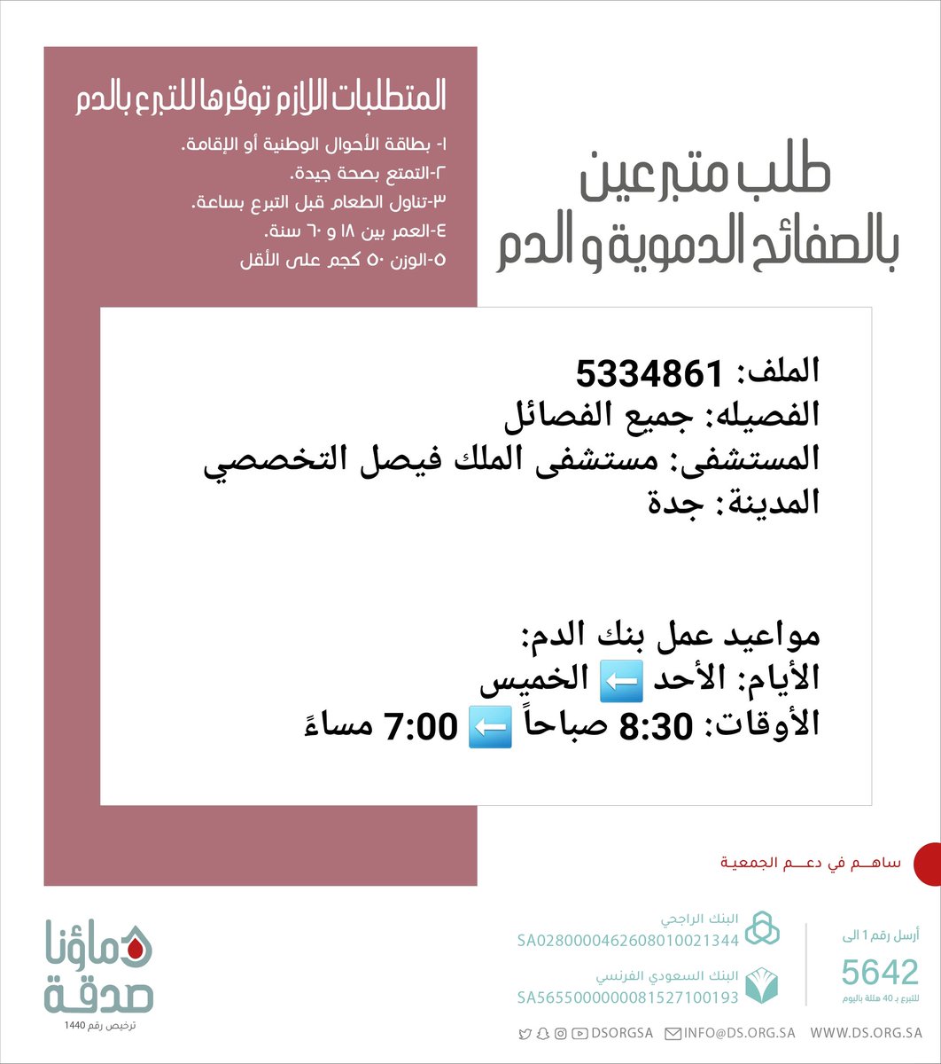 DSorgsa's tweet photo. 🔴 #عاجل 💉

اخوكم صاحب الملف رقم 5334861 بحاجة لـ #تبرع #دم #صفائح_دموية

🩸| الفصيله: جميع الفصائل
🏥| المستشفى: الملك فيصل التخصصي 
📍| المدينة: #جدة #دماؤنا_صدقة_جدة       

(وَمَنْ أَحْيَاهَا فَكَأَنَّمَا أَحْيَا النَّاسَ جَمِيعًا) https://t.co/jfLYONCoUy