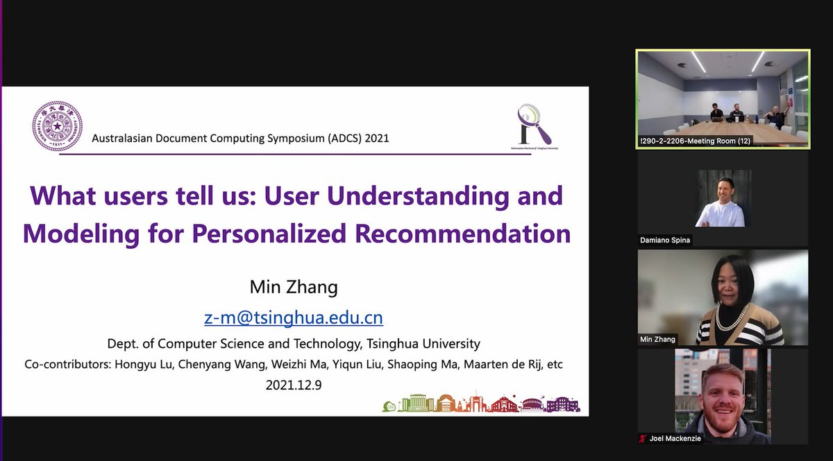 That was an amazing way of kicking off our <a href="/AusDocCompSymp/">Australasian Document Computing Symposium</a> #ADCS2021 virtual series! Thanks <a href="/mzhang_bj/">Min Zhang</a> for the great insights on understanding, modeling, and evaluating personalized recommendations! And shoutout to the more than 60 attendees who joined us today! <a href="/ACMSIGIR/">ACM SIGIR</a>
